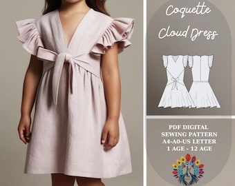 Modello per abito Coquette Cloud / Abito da bambina con maniche a balze / Taglie 1-12 anni / A0 A4 US Letter / Stile di cucito Messy Coquette / Da bambina a preadolescente