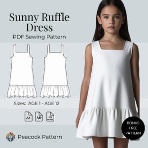 Patrón de costura en PDF para vestido con volantes Sunny / Vestido con dobladillo con volantes para niña / Tallas 1-12 años / A4 A0 Carta EE. UU. / Vestido de verano fácil / Patrón para niña