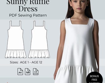 Modello di cucito PDF per abito con volant soleggiato / Abito con orlo a balze per bambina / Taglie 1-12 anni / Formato A4 A0 US Letter / Abito estivo facile / Modello per bambina