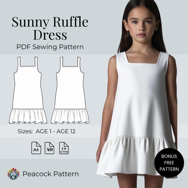 Sunny Ruffle Dress PDF Sewing Pattern | Girl's Ruffle Hem Dress | Sizes 1-12Y | A4 A0 US Letter | Easy Summer Dress | Girl's Pattern image 1