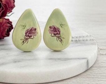 Handmade Sage Green Ceramic Earrings – Rose Floral Studs