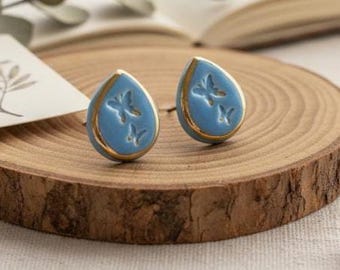 Blue Ceramic Statement Earrings, Handmade Floral Earrings, Gold Trim Artisan Jewelry, Unique Gift for Her, Botanical Earrings