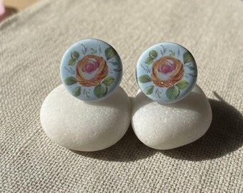 Handmade Ceramic Rose Stud Earrings | Vintage Floral Earrings|  Pink Rose Earrings | Botanical Gift for Her | Lightweight Ceramic Studs