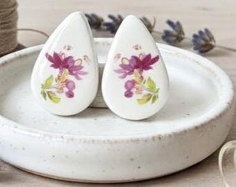 Violet Garden Ceramic Studs – Handmade Teardrop Earrings with Floral Design by ELY Clay Studio
