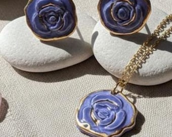 Handmade Lavender Ceramic Rose Jewelry Set – 14K Gold Plated