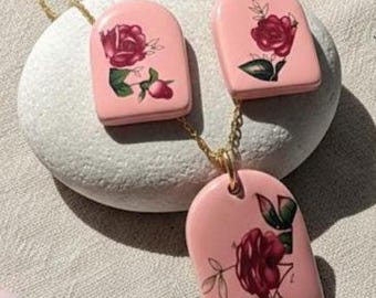Handmade Rose Pink Ceramic Jewelry Set – Floral Necklace and Earrings