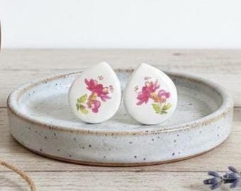 Handmade Ceramic Floral Studs – Teardrop Earrings, Hypoallergenic