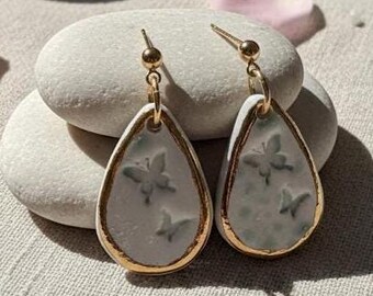 Butterfly Whisper Ceramic Earrings – Handmade Teardrop Earrings with Golden Edge by ELY Clay Studio