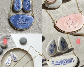 Artisan Ceramic Necklace and Earring Set – Handmade Pottery Jewelry – Unique Boho Style