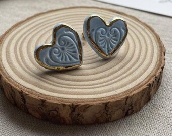 Heart Ceramic Earrings, Blue Handmade Studs, Romantic Jewelry Gift for Her, Gold Rim Earrings, Valentine’s Day Gift, Artisan Earrings