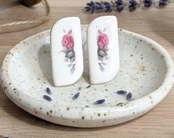 Handmade Ceramic Stud Earrings – Rose Floral Design, Stainless Steel Posts