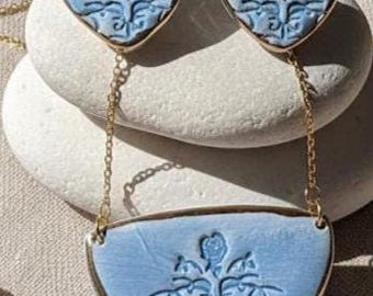 Handmade Sky Blue Ceramic Jewelry Set – Heart Earrings and Necklace