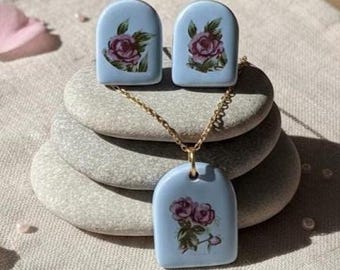 Sky Blue Ceramic Jewelry Set – Rose Floral Necklace and Earrings
