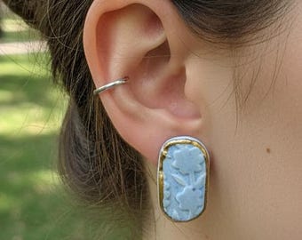 Blue Flower Ceramic Stud Earrings, Handmade Floral Earrings, Gold Trim Botanical Jewelry, Artisan Gift for Her, Nature Inspired