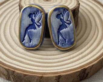 Blue Fairy Ceramic Stud Earrings, Handmade Fantasy Earrings, Gold Trim Jewelry, Whimsical Artisan Gift for Her, Cottagecore
