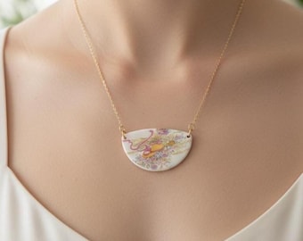 Handmade Ceramic Floral Necklace – Half-Moon Pendant, Gold Accent