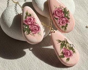 Handmade Blush Pink Ceramic Jewelry Set – Rose Floral Necklace and Earrings