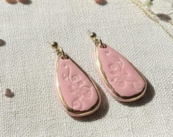Soft Rose Embossed Ceramic Earrings – Handmade Pink Drop Earrings by ELY Clay Studio