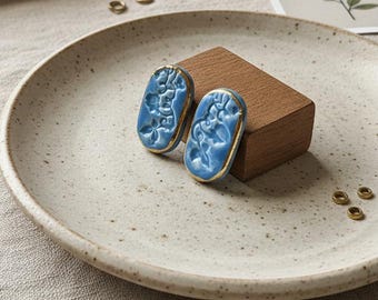 Blue Floral Ceramic Stud Earrings, Handmade Botanical Earrings, Gold Trim Jewelry, Nature Inspired Gift for Her, Artisan Earrings