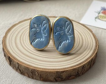 Blue Ceramic Floral Earrings, Handmade Botanical Stud Earrings, Gold Rim Statement Jewelry, Artisan Gift for Her, Nature Inspired