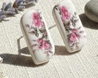 Handmade Rose Floral Ceramic Earrings – Glossy White Clay Studs