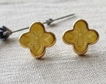 Handcrafted Ceramic Flower Stud Earrings – Golden Yellow with 14K Gold Edge
