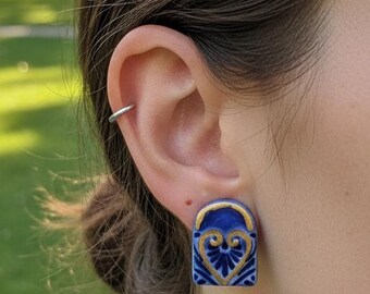 Blue Heart Ceramic Stud Earrings, Handmade Romantic Jewelry, Gold Heart Earrings, Artisan Gift for Her, Valentine’s Day Gift