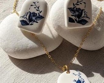 Handmade Ceramic Jewelry Set – Blue Floral Necklace and Earrings
