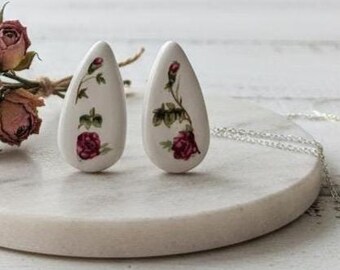 Hand-Painted Rose Ceramic Earrings – Teardrop Floral Studs