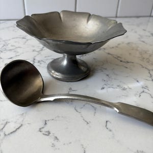 Vintage Pewter Pedestal Compote Dish with Ladle: Petal Rim Bowl