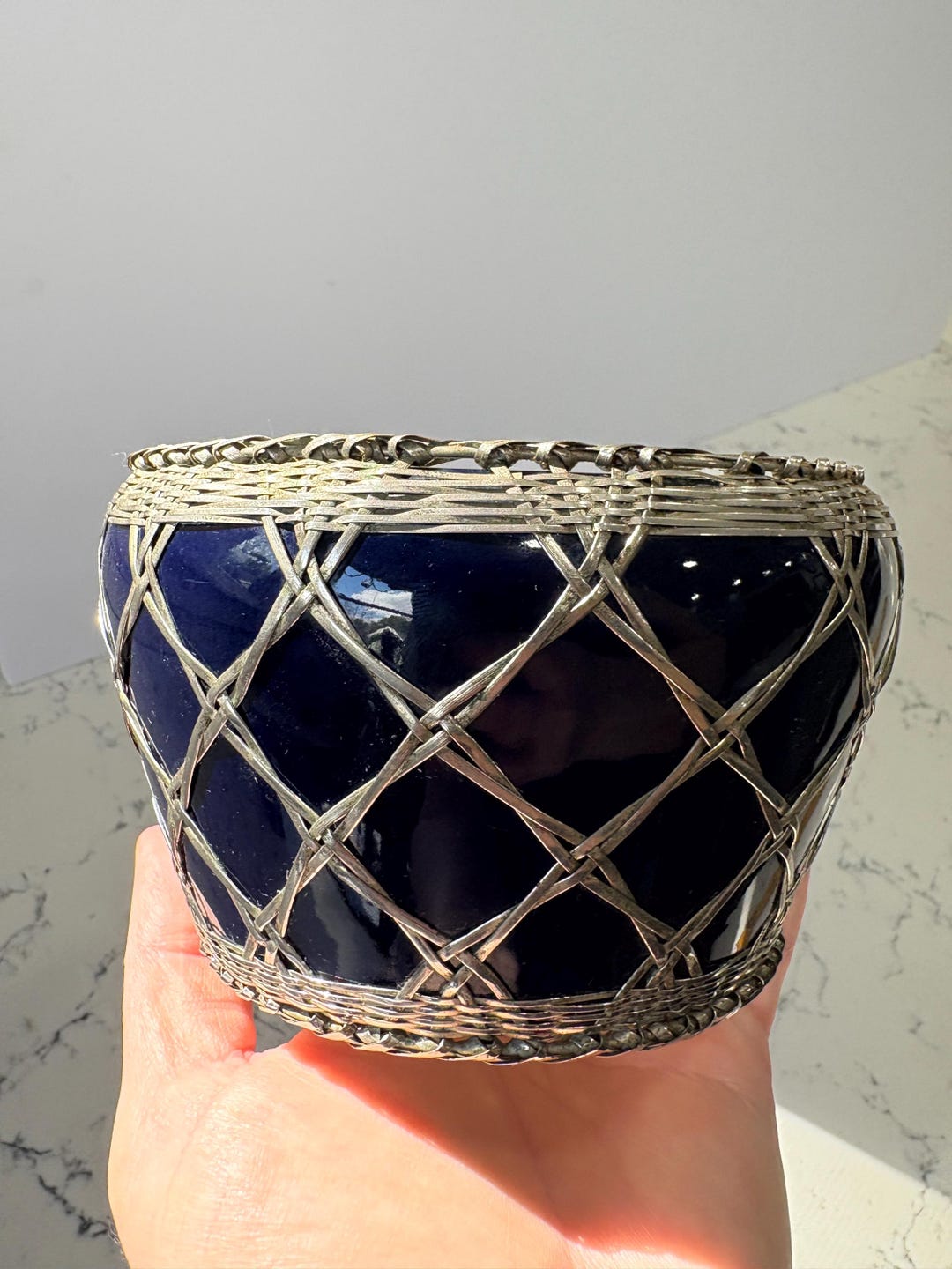 Antique Collectible Awaji Pottery; Cobalt Blue Ceramic Bowl With Silver ...