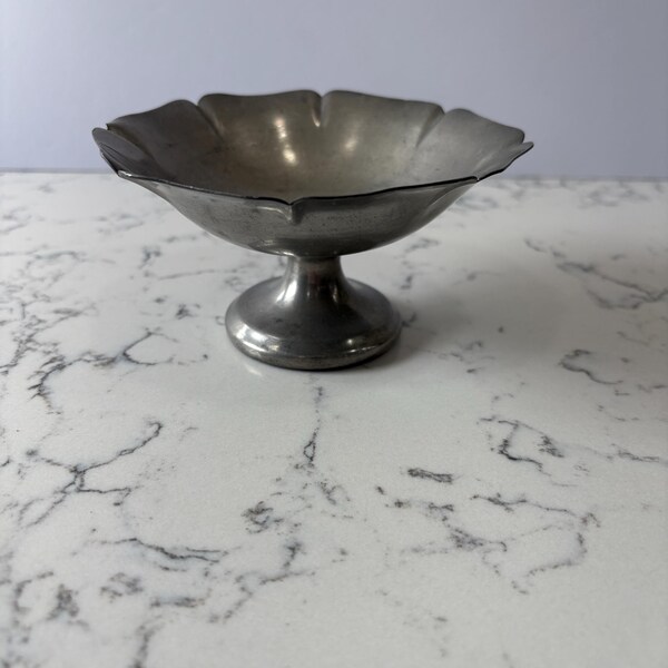 Vintage Crecent Pewter Pedestal Petal Edge Dish.