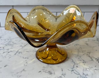 Amber Viking Glass Compote / pedestal bowl, 6 Petal Design