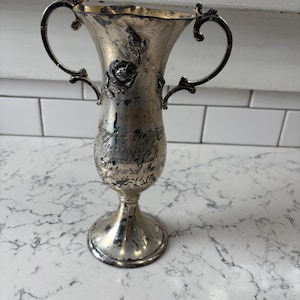 Antique weathered silver plate trophy cup by Essex Silver. Engraved. Appears to be from the early 1900s. Featuring 3D Rosebuds.