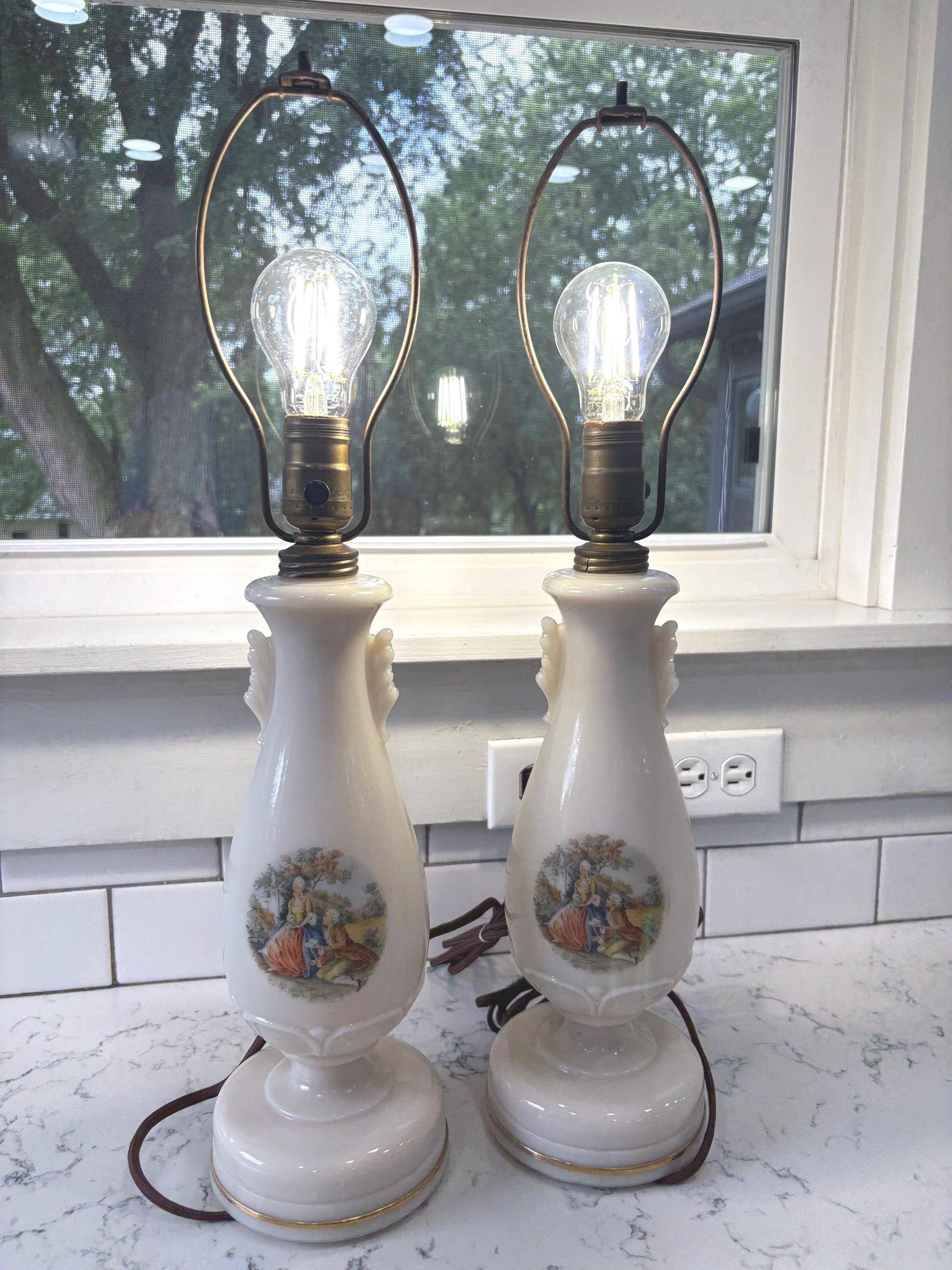 Vintage Aladdin Alacite Glass Table Lamps: Colonial Scene, Rewired