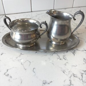 Vintage Pewter cream and sugar serving set with tray.