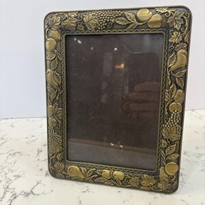 May include: A rectangular brass-toned picture frame featuring a raised relief border decorated with detailed clusters of grapes, leaves, and pears. The frame has a dark, recessed background within the metalwork and a dark brown insert.