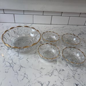 Vintage Bartlett Collins Berry Bowl Set: Pressed Glass, Gold Rim