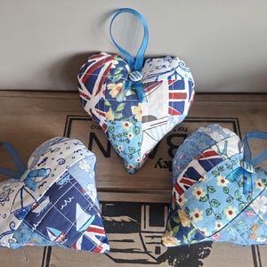 Blue Patchwork Fabric Heart, Hanging Decoration, Coastal Chic