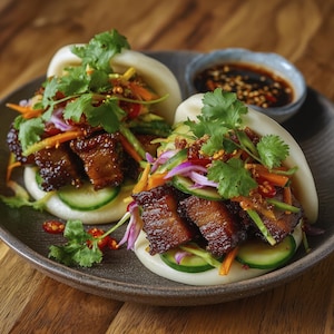 Può includere: Due panini bao ripieni di pancetta di maiale brasata, fette di cetriolo, carote grattugiate, cavolo rosso e coriandolo. Una piccola ciotola di salsa è accanto ai panini su un piatto marrone. Il cibo è su una superficie di legno.