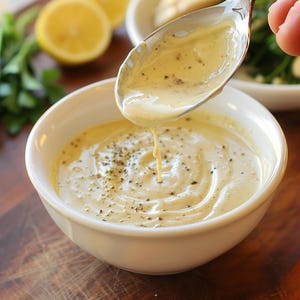 Puede incluir: Un bol blanco lleno de una salsa cremosa de color amarillo claro espolvoreada con pimienta negra. Una cuchara con más salsa se está sacando del bol.