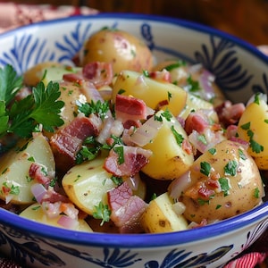 Puede incluir: Primer plano de un bol de ensalada de patatas con beicon, cebolla roja y perejil. La ensalada está en un bol blanco con diseños florales azules y blancos.
