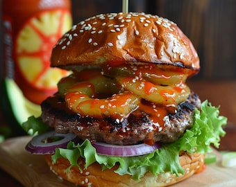 Sriracha Teriyaki Burger Recipe, Recipe Print Out, Recipe Download PDF, Burger Recipe, Printable Recipe, Cookbook PDF