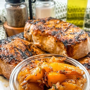 Grilled BBQ Pork Chops with Peach Bacon Chutney, Recipe Print Out, Recipe Download PDF, Main Dish, Printable Recipe, Cookbook PDF