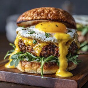 May include: A gourmet burger with a fried egg, melted cheese, and arugula on a toasted bun. The egg yolk is runny, and the cheese is dripping. The burger is on a wooden cutting board.