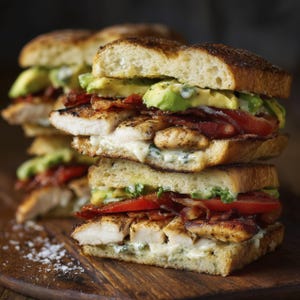 Puede incluir: Una pila de sándwiches gourmet sobre una tabla de cortar de madera. Cada sándwich presenta pollo a la parrilla, tocino, aguacate y tomate entre pan tostado. Los sándwiches están cubiertos con una crema.