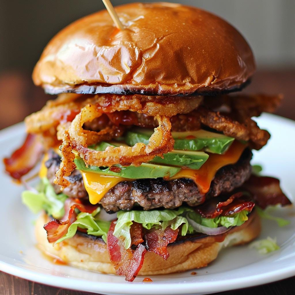 BBQ Bacon Avocado Burger with Fried Onion Strings Recipe Print Out, Recipe Download PDF, Burger Recipe, Printable Recipe, Cookbook PDF