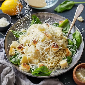 Könnte beinhalten: Ein Teller Spaghetti, belegt mit geriebenem Käse und Croutons, garniert mit frischen Basilikumblättern. Eine Zitrone und kleine Schalen mit Käse befinden sich im Hintergrund. Das Bild fängt die Essenz eines köstlichen Pastagerichts ein.