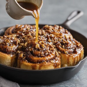 Könnte beinhalten: Nahaufnahme von frisch gebackenen Zimtschnecken in einer schwarzen Pfanne. Karamellsauce wird aus einem kleinen Krug über die Brötchen gegossen. Die Brötchen sind mit gehackten Nüssen und glänzendem Karamell belegt.