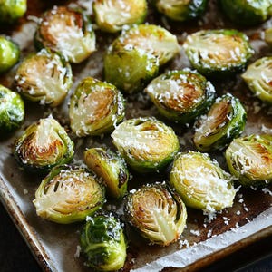 May include: A baking sheet filled with roasted Brussels sprouts seasoned with salt and pepper. The Brussels sprouts are arranged in a single layer and are lightly browned. Some of the Brussels sprouts have been sprinkled with grated Parmesan cheese.